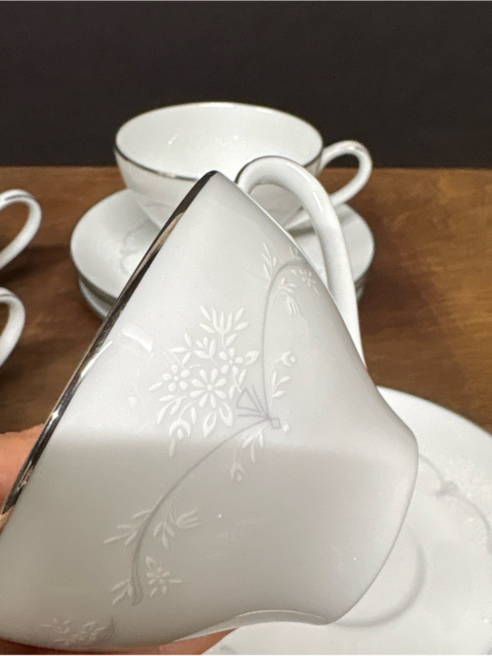 Noritake Japan Porcelain Teacup and Saucer Set with Silver Trim - Picture 4 of 5